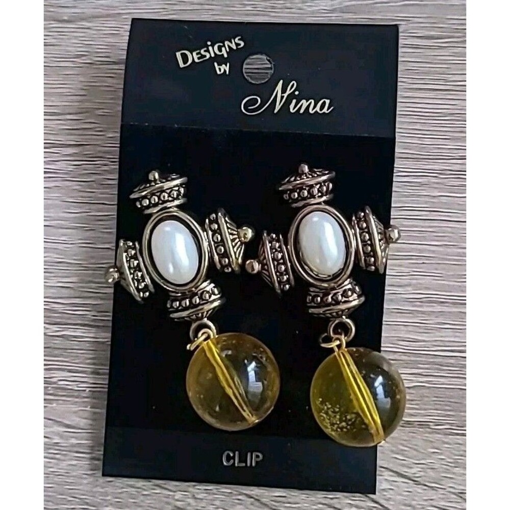 Vintage Designs By NINA CLIP ON EARRINGS, Yellow, Gold Tone